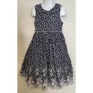 Laura Ashley Navy Blue White Floral Dress Girls 6X Embroidered Sleeveless Tie